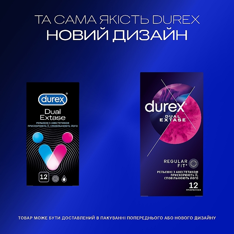 Ribbed Latex Condoms with Silicone Lubricant, with anesthetic, 12 pcs - Durex Dual Extase — photo N4