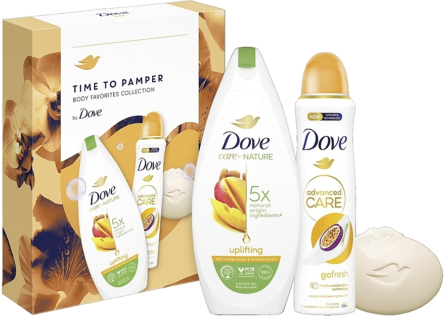 Set - Dove Time To Pamper Body Favorites Collection (sh/gel/225 ml + soap/90 g + deo/150 ml) — photo N1