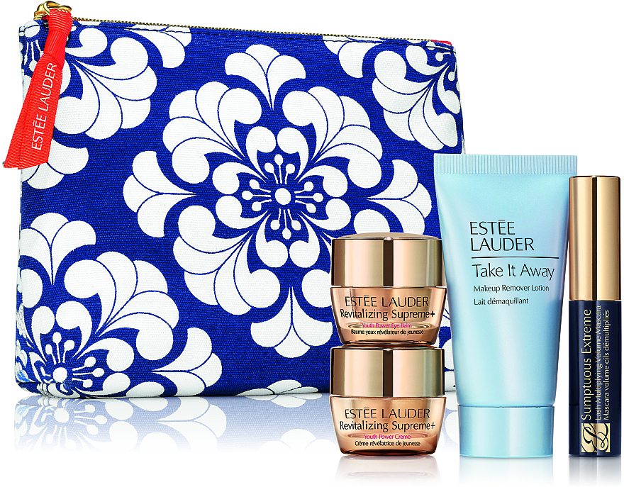 GIFT! Makeup Bag with Cosmetics, blue with pattern - Estee Lauder (lot/30ml + cr/7ml + eye/balm/5ml + mascara/2.8ml + pouch) — photo N1