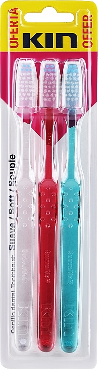 Set, transparent, red, turquoise - Kin Cepillo Dental Soft Toothbrush (toothbrush/3pcs) — photo N1