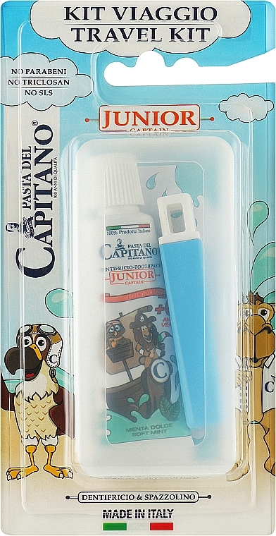 Set with Blue Toothbrush - Pasta Del Capitano Junior Travel Kit 6+ Soft (toothpast/25ml + toothbrush/1pc) — photo N1