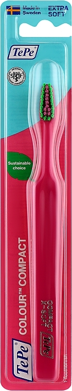 Toothbrush, super soft, dark pink with green bristles - TePe Colour Compact X-Soft Gul — photo N1