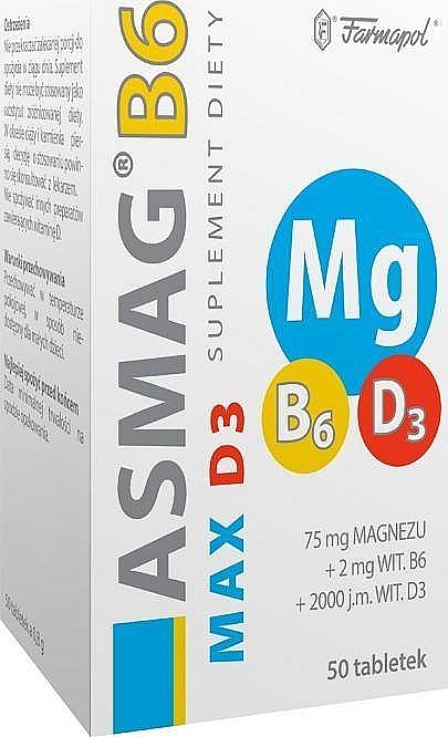 Asmag B6 Max D3 Dietary Supplement, 50 Tabs - Farmapol — photo N1