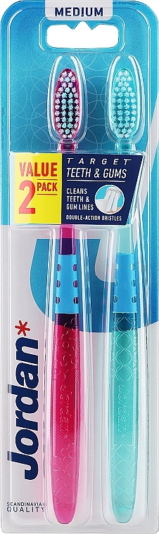 Toothbrush, medium hard, turquoise with scales + pink with flowers - Jordan Target Teeth Toothbrush — photo N1