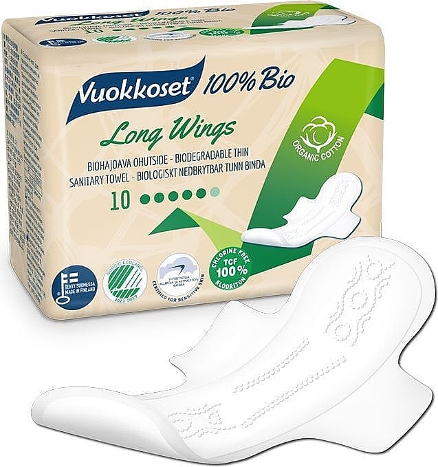 Sanitary Pads with Wings, 10 pcs - Vuokkoset BIO Long Wings — photo N2