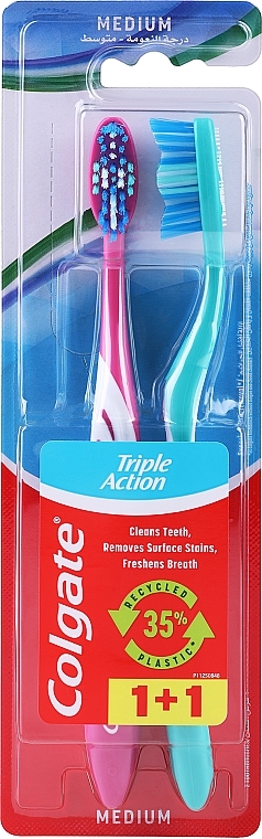 Toothbrush Set 'Triple Action', medium, 2 pcs, pink + turquoise - Colgate Triple Action Medium — photo N1