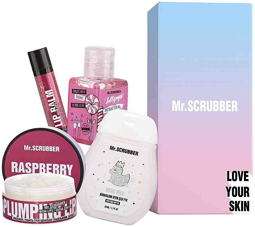 Set - Mr.Scrubber Sweet Raspberry (lip/balm/5g + lip/scrub/50ml + h/cr/50ml + sanitizer/30ml) — photo N1