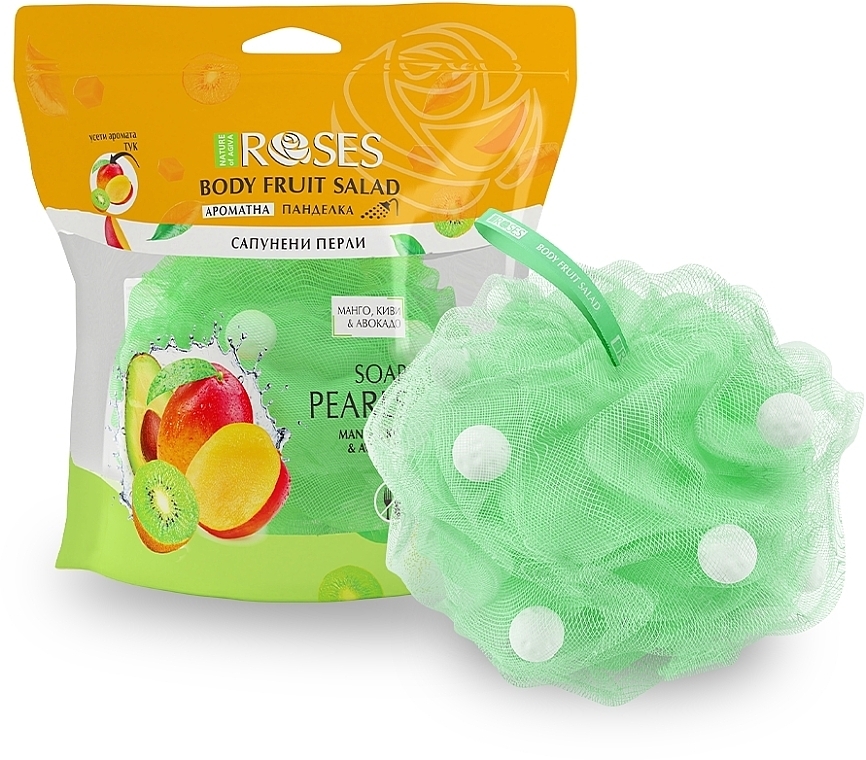 Aromatic Bath Sponge with Soap Pearls "Mango, Avocado & Kiwi" - Nature of Agiva Roses Body Fruit Salad Soap Pearls — photo N4