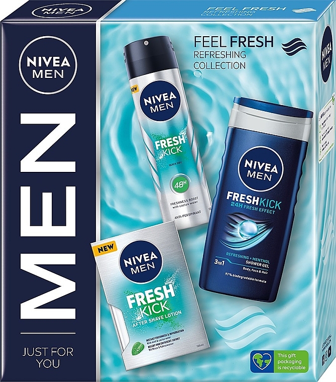 Set - Nivea Men Fresh Kick Body And Skin Care Gift Set (sh/gel/250ml + deo/150ml + after/sh/lot/100ml) — photo N1