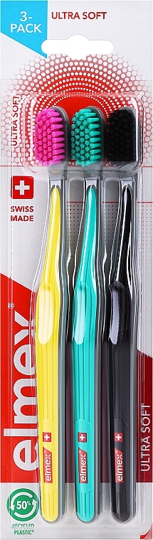 Toothbrush, ultra-soft, black + yellow + turquoise - Elmex Swiss Made — photo N1