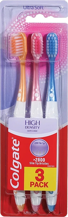 Toothbrush Set, ultra-soft, pink + yellow + blue - Colgate High Density Gum Care — photo N1
