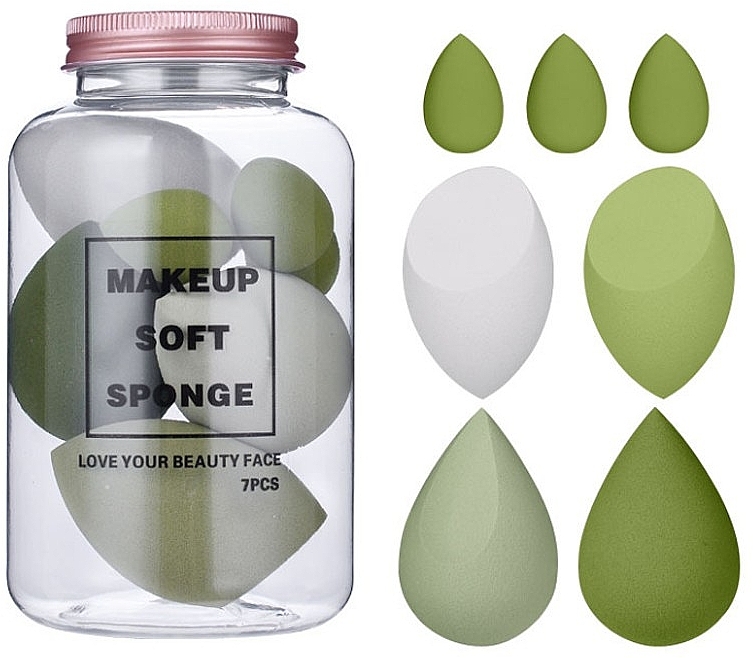 Makeup Sponge Set in Jar, 7 pcs. - Ecarla Makeup Soft Sponge Avocado Green — photo N1