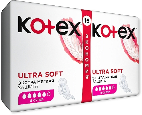 Sanitary Pads, 16 pcs - Kotex Ultra Soft Super Duo — photo N2