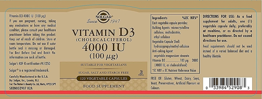 Dietary Supplement "Vitamin D3", 100 mcg - Solgar Vitamin D3 4000 IU — photo N3