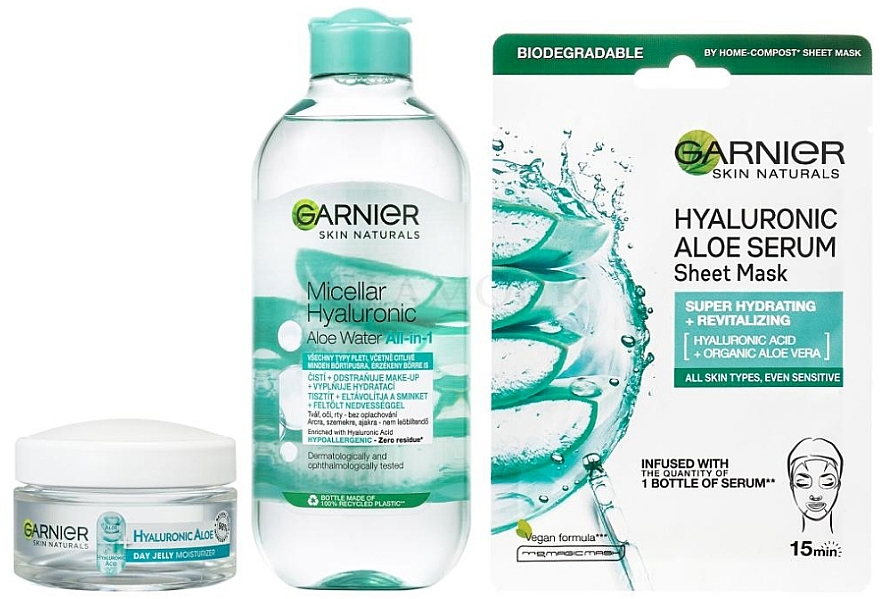 Set - Garnier Skin Naturals Hyaluronic Aloe (micellar/water/400ml + gel/50ml + mask/28g) — photo N2