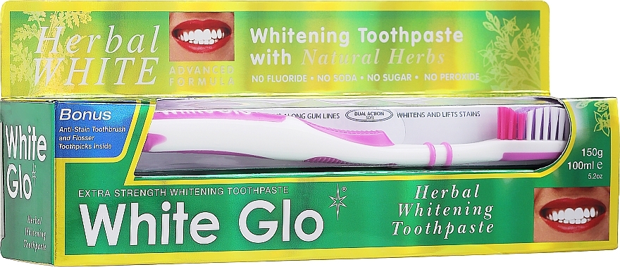 Healing Herb Set with White-Pink Brush - White Glo Herbal White (t/paste/100ml + t/brush/1pc + t/picks/8pcs) — photo N1
