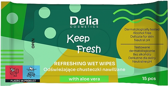 Aloe Vera Wet Wipes, 15 pcs - Delia Keep Fresh Refreshing Wet Wipes With Aloe Vera — photo N1