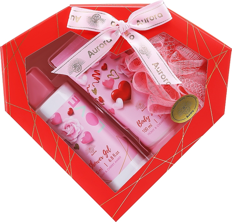 Set - Aurora Peony & Cherry Amber Gift Set (sh/gel/200ml + b/lot/100ml + sponge/1pcs) — photo N1