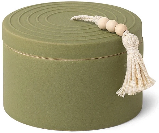 Scented Candle in Jar, light green - Paddywax Cypress & Fir Ceramic Candle With Lid & Beaded Hang Tag Sage Green — photo N1