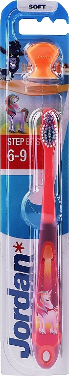 Soft Kids Toothbrush Step by Step (6-9), without cap, red with unicorn - Jordan — photo N2