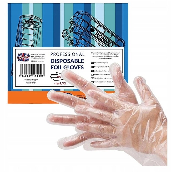 Disposable Gloves, transparent, size L/XL, 100 pcs - Ronney Professional Disposable Foil Gloves — photo N2