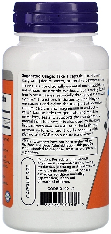 Amino Acid "Taurine" 500mg - Now Foods Taurine Nervous System Health 500mg Capsules — photo N3