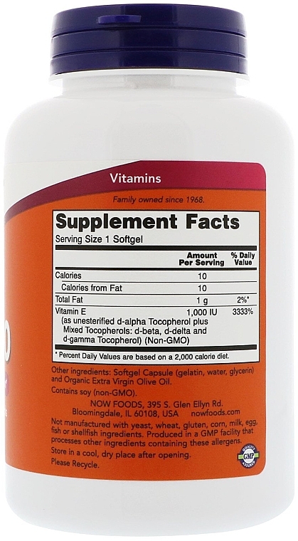 Vitamin E-1000, softgels - Now Foods Natural E-1000 With Mixed Tocopherols Softgels — photo N2
