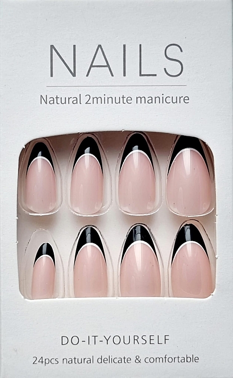False Nails with Black French Motif & White Accent, 24 pcs - Deni Carte Nails Natural 2 Minutes Manicure — photo N1