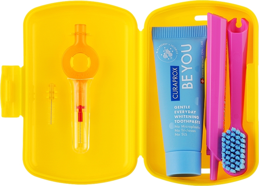 Oral Hygiene Travel Kit, yellow - Curaprox Be You (tbr/1szt + paste/10ml + 2xbrush/1szt + acc + bag) — photo N2