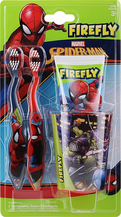 Kids Toothbrush Set with Toothpaste - Firefly Marvel Spiderman (toothpaste/75 ml + toothbrush/2 pcs + beaker/1 pcs) — photo N1