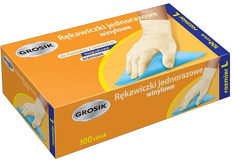 Disposable Vinyl Gloves, size L, cream, 100pcs - Grosik — photo N1