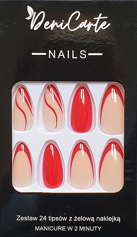 False Nails 'Red French with Swirls', 24 pcs. - Deni Carte Tipsy Red French Swirl 9195 — photo N1