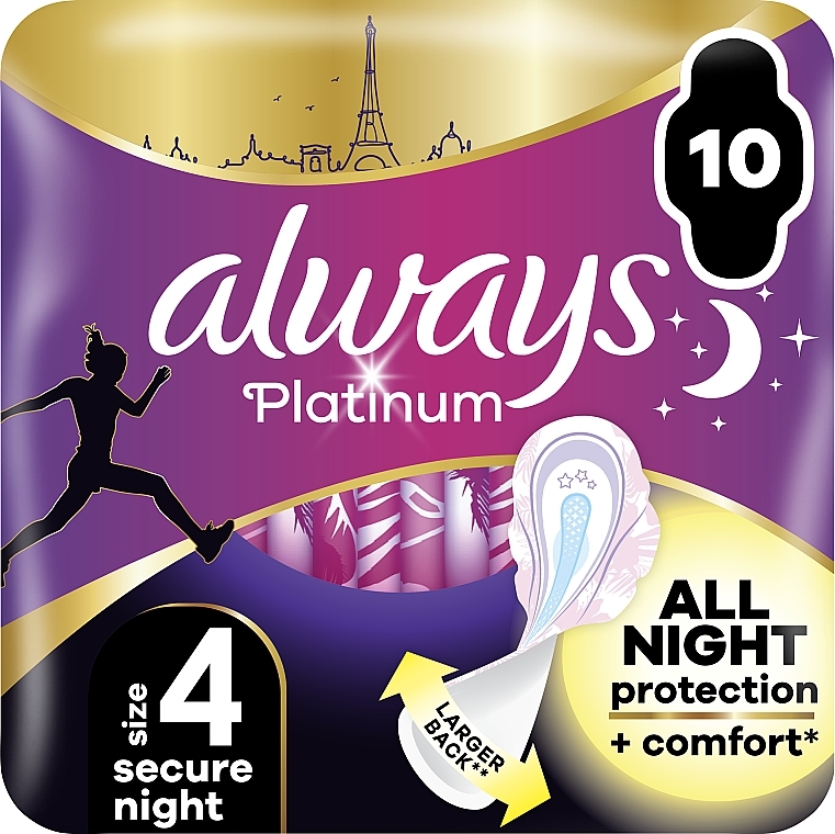 Sanitary Pads, size 4, 10pcs - Always Platinum Secure Night — photo N1