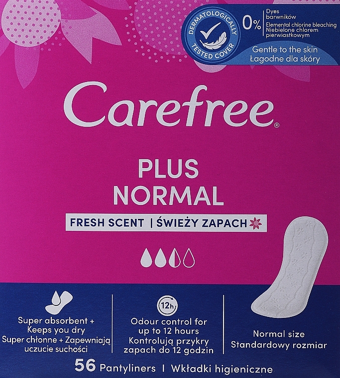 Hygienic Daily Pads, 56pcs - Carefree Plus Original Fresh Scent Pantyliners — photo N1