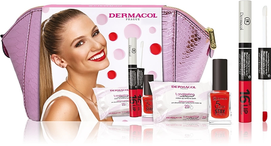 Set - Dermacol 16H Lip Colour (lip/gloss/4.3ml + n/polish/11ml + pads/20pcs + bag) — photo N6