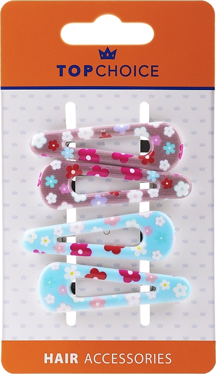 Hair Clips, 23231, 4 pcs, pink + blue with flowers - Top Choice — photo N1