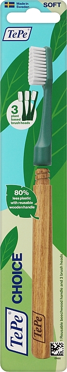 Eco-Toothbrush with Wooden Handle & Three Heads, green - TePe Choice Soft Toothbrush — photo N1