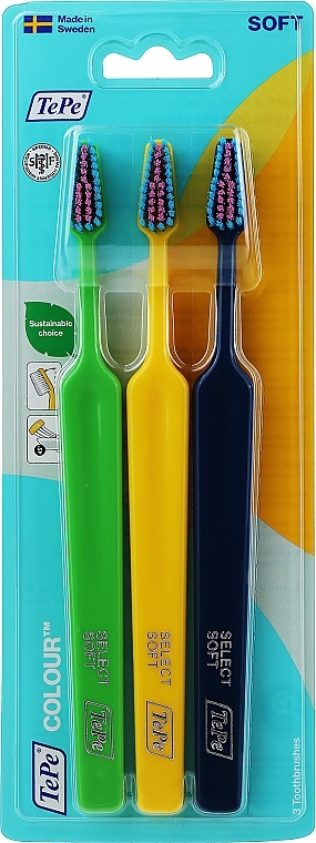 Toothbrush Set, 3 pcs, green+yellow+blue - TePe Colour Soft — photo N1