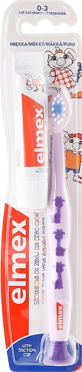 Kids Toothbrush Soft (0-3 years), lilac with giraffe - Elmex Learn Toothbrush Soft + Toothpaste 12ml — photo N2