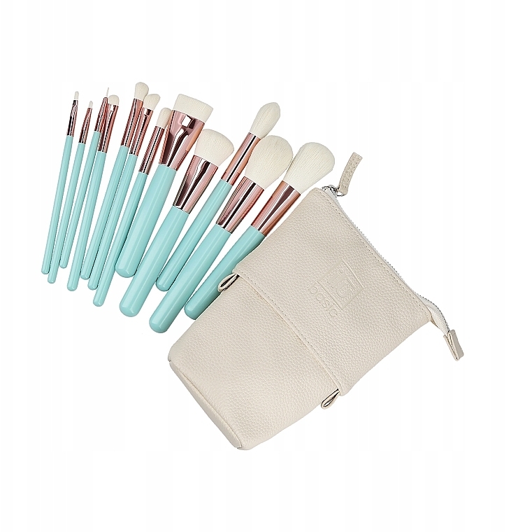 Set of 12 Turquoise Makeup Brushes in White Case - ILU Basic Mu Turquoise Makeup Brush Set — photo N2