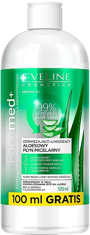 Refreshing & Soothing Aloe Vera Micellar Water - Eveline Cosmetics Facemed+ Refreshing And Soothing Aloe Micellar Water — photo N1