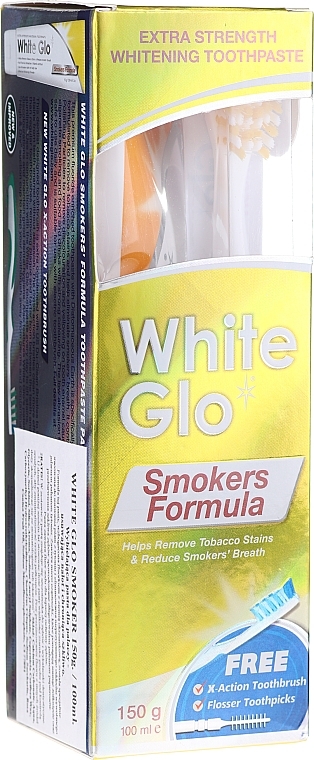 Smokers Formula Set, yellow toothbrush - White Glo Smokers Formula Whitening Toothpaste (t/paste 100 ml + t/brush + toothpicks) — photo N2