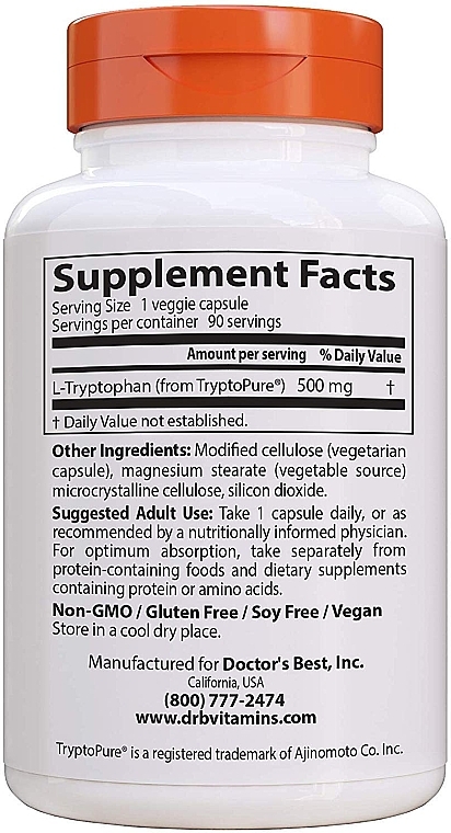 L-Tryptophan Amino Acid with TryptoPure, 500 mg, capsules - Doctor's Best — photo N2