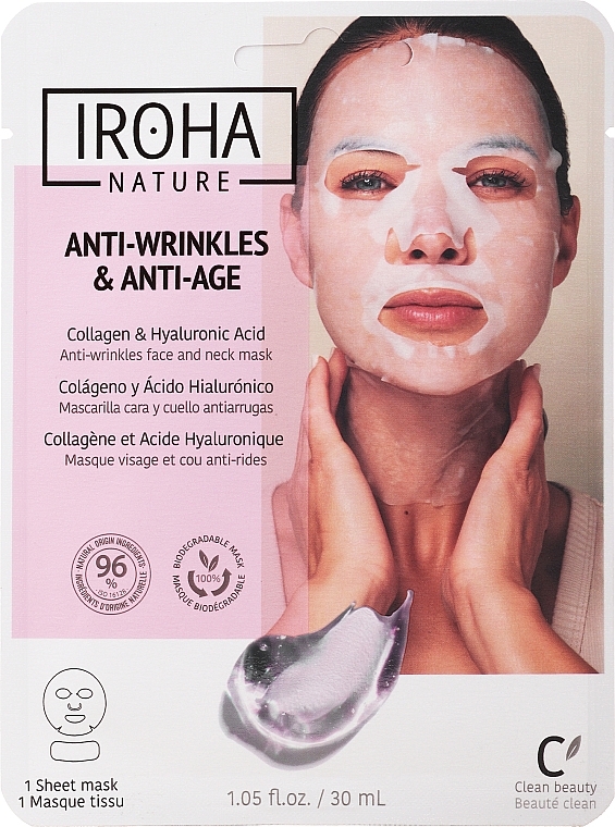 Face Sheet Mask - Iroha Nature Anti-Age Collagen 100% Cotton Face & Neck Mask — photo N1