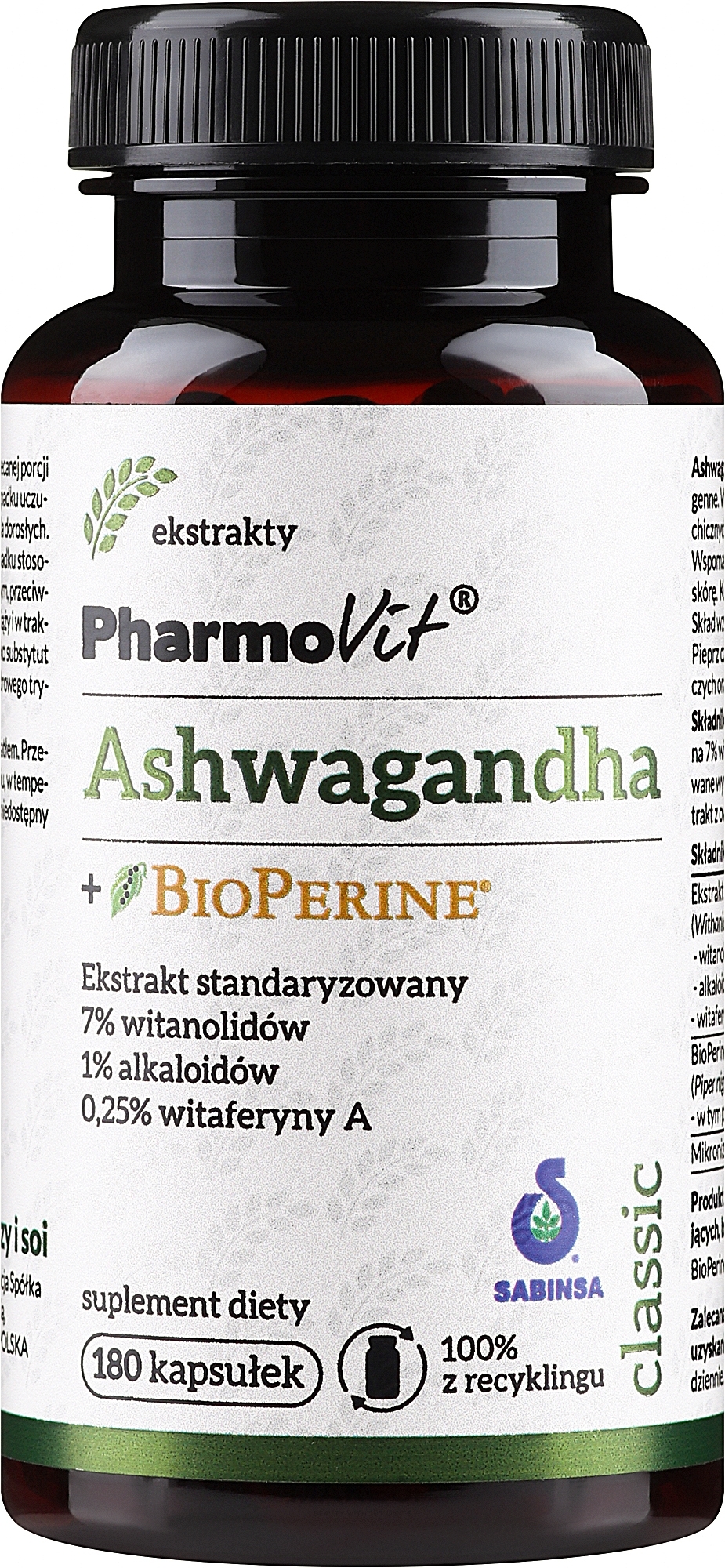 Ashwagandha+BioPerine Dietary Supplement - Pharmovit Ashwagandha + BioPerine — photo 180 szt.