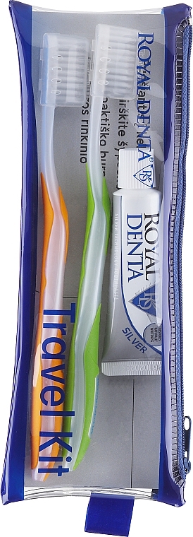 Set, option 1 - Royal Denta Travel Kit Silver (toothbrush/2pcs + toothpaste/20g + cosmetic bag/1pc) — photo N1