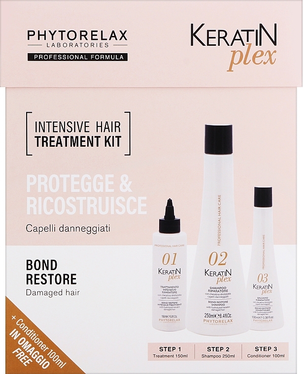 Set - Phytorelax Laboratories Keratin Plex Intensive Hair Treatment Kit (treatment/150ml + shm/250ml + cond/100ml) — photo N1