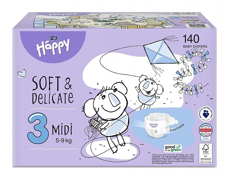 Baby Diapers 5-9 kg, size 3 Midi, 140 pcs - Bella Baby Happy Soft & Delicate — photo N1