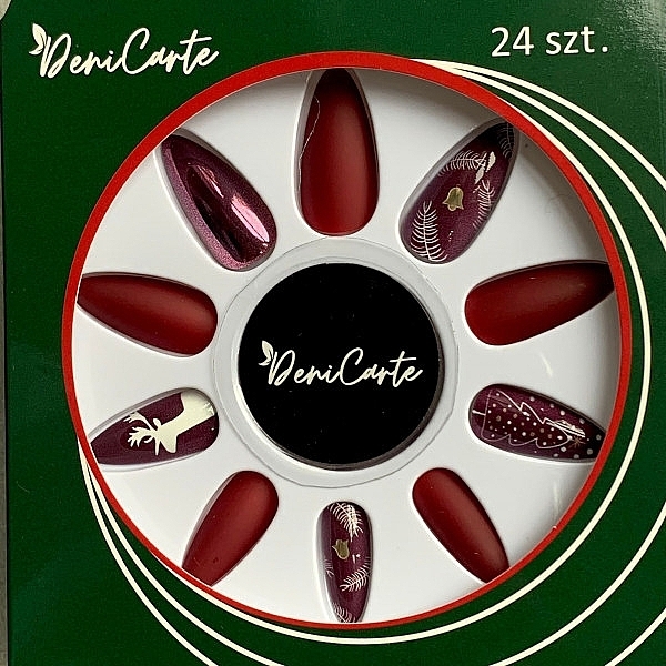 Christmas Pattern False Nails, dark red - Deni Carte — photo N1