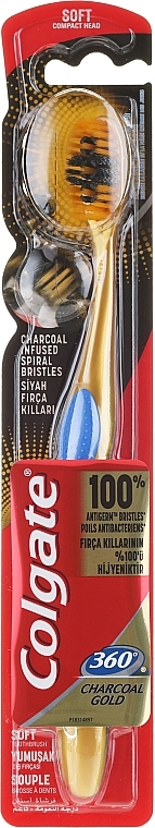 Soft Toothbrush, gold with blue - Colgate 360 Charcoal Gold Soft Toothbrush — photo N1